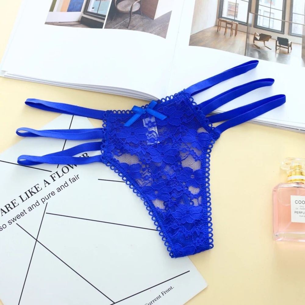 New Medium Blue Floral Lace Thong Panties NWT
